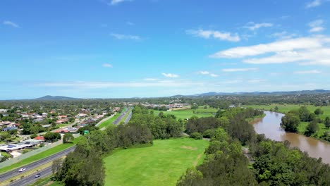 Drone-footage-showing-traffic-on-the-Logan-Motorway-in-south-East-Queensland-near-Brisbane-panning-south-across-the-Logan-River-towards-Bethania