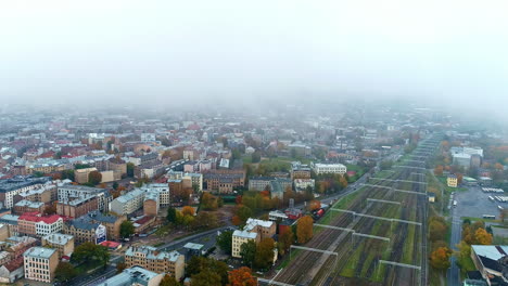 Riga-Pasazieru-Railroads-And-Art-Nouveau-Buildings-In-Riga-Shrouded-By-Fog-In-The-Morning-In-Latvia