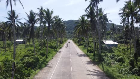 Mochileros-Surfistas-Explorando-La-Isla-Montando-Motos-En-La-Carretera-De-Las-Palmeras,-Vista-De-Drones