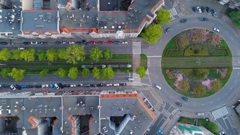 Aerial-Poland,-Top-view-of-crowded-streets-of-Szczecin