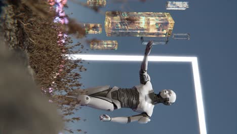 Vertikaler-Humanoider-Prototyp-Eines-Cyborg-Roboters-Mit-Künstlicher-Intelligenz,-Der-In-Der-Natur-In-Einem-Türportal-Mit-Energiefluss-In-3D-Animation-Steht