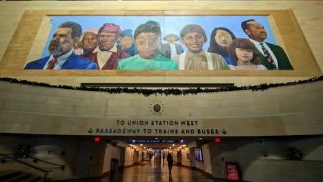 Union-Station-Los-Angeles-Mural-at-entrance,-Slow-Mo,-May-Sun,-Richard-Wyatt,-City-of-Dreams,-River-of-History