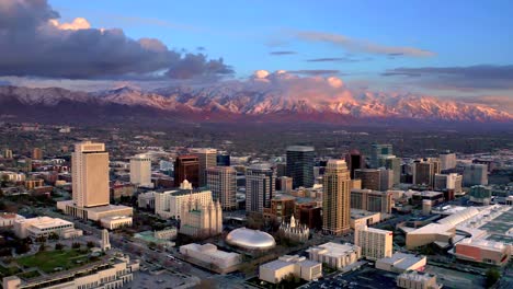 Aerial-view-of-salt-lake-city-skyline-sunset-view-glow-Salt-Lake-City-skyline-4k-Drone-shot-with-the-Wasatch-Mountain-in-the-background