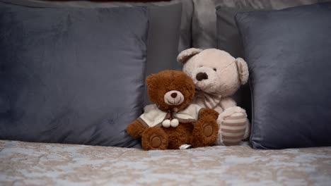 Two-Teddy-Bears-on-the-double,-grey-bed