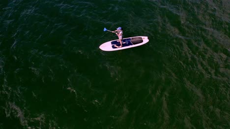 Stand-Up-Paddleboarder-Remando-En-El-Agua-Verde-Ondulada-Del-Lago,-Sobre-La-Cabeza-Aérea