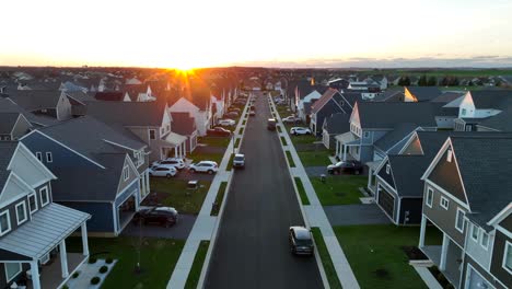 Modern-American-neighborhood-with-new-houses-during-golden-hour-sunset