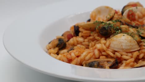 Delicious-seafood-risotto,-Risotto-ai-frutti-di-mare,-on-white-dish