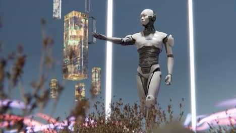 Humanoider-Prototyp-Cyborg-Roboter-Mit-Künstlicher-Intelligenz-Natur-In-Einem-Tür-Tor-Portal-Mit-Energiefluss-In-3D-Rendering-Animation