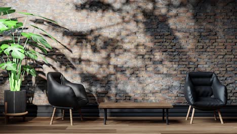 Innenarchitektur,-Modernes-Apartment-Studio-Wohnzimmer-Mit-Zwei-Sofas-Und-Schatten-Spendenden-Palmen-Auf-Dem-Apartment-Wand-Animationshintergrund,-3D-Rendering