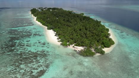 Luftbild-Einer-Drohne,-Die-Rückwärts-Fliegt-Und-Die-Lokale-Insel-Thinadhoo-Auf-Den-Malediven-Zeigt