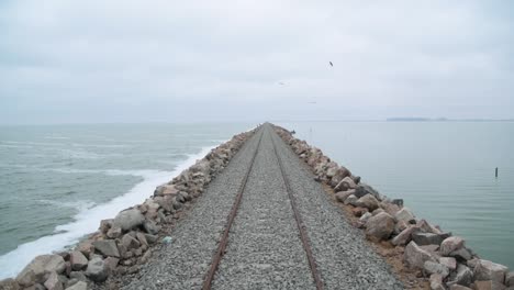 Low-forward-aerial-along-straight-train-track-by-water-in-Argentina