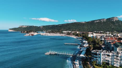 Drone-View-of-Kemer-City-of-Antalya,-Resort-Town-on-Mediterranean-Coast-of-Turkey