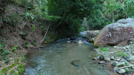 Vuelo-Lento-Sobre-El-Claro-Río-Manabao-En-Manglares-Tropicales-De-Jarabacoa,-República-Dominicana