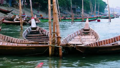 Moored-Wooden-Traditional-Boats,-Buriganga-River,-Bangladesh