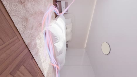 Vertikales,-Modernes-Schlafzimmer-In-Einer-Wohnung-Mit-Energiefluss-Um-Das-Bett-Herum-Im-3D-Rendering-Animations-Innendesign-Konzept