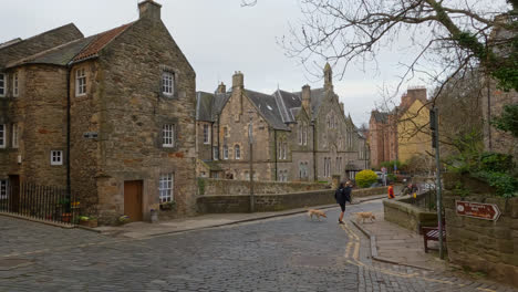 Mann-Geht-Mit-Zwei-Hunden-Auf-Einer-Gepflasterten-Straße-In-Einem-Malerischen-Dorf-Am-Stadtrand-Von-Edinburgh,-Schottland