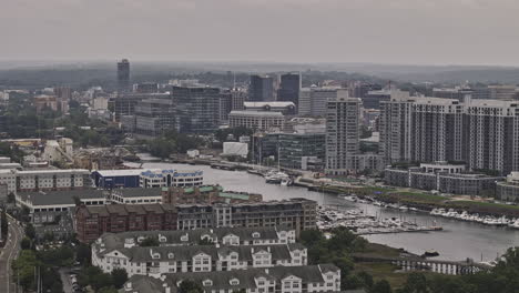 Stamford-Connecticut-Aerial-v6-drone-flyover-Waterside-neighborhood-capturing-apartment-buildings-along-Long-Island-Sound,-South-End-and-downtown-cityscape---Shot-with-Mavic-3-Pro-Cine---October-2023