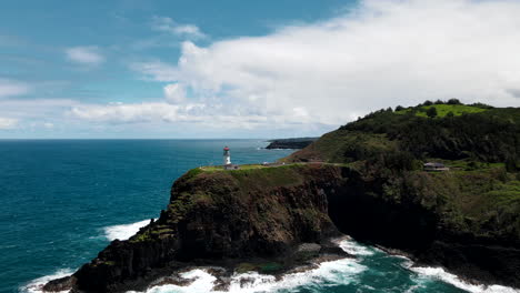 Lighthouse-Falls-Below-Horizon-on-Emerald-Green-Island-as-Seagulls-Flutter-Nearby