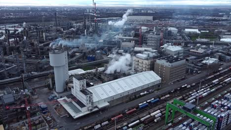 Shipping-Terminal-of-Rail-sided-Chemical-Plant-Complex,-Drone-View