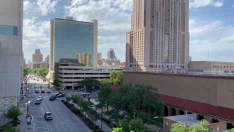 Downtown-traffic-in-San-Antonio,-Texas-at-the-Henry-B-Gonzalez-convention-center---Slow-Motion