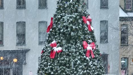 Snow-flurries-in-blizzard-fall-on-Christmas-tree-in-American-town-square