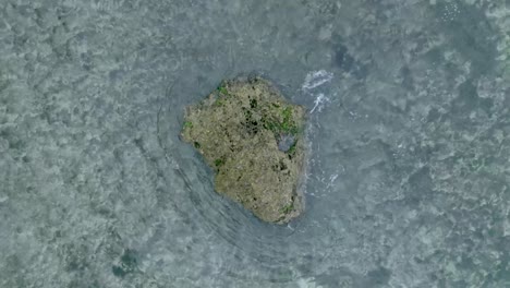 Von-Oben-Nach-Unten-Zeitlupen-Drohnenansicht-Von-Wellen,-Die-über-Flache-Korallenriffe-Und-Große-Felsen-In-Uluwatu,-Bali,-Indonesien-Krachen