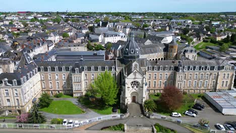 Hospital,-Chateau-Gontier-in-France.-Aerial-drone-sideways
