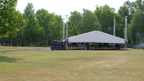 Construction-Of-Outdoor-Concert-Stage-Tent-With-Truss-Frame-Structure-In-Kunfeherto,-Hungary