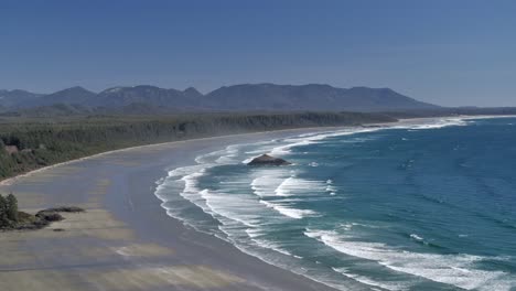 Aerial-View-of-Tofino-Long-Beach-and-Pacific-Ocean-Waves---Sunny-Day