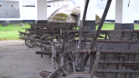 Antique-Wooden-Cow-Carts-At-Petofi-Slaughterhouse-Museum-In-Szalkszentmarton,-Hungary