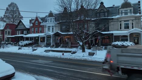 Aerial-shot-of-a-residential-road-in-winter