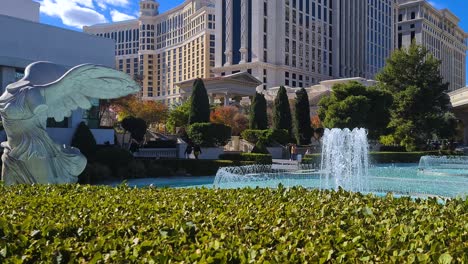 Las-Vegas,-Nevada-USA,-Fountains-in-Front-of-Caesar's-Palace-Hotel-Casino-on-Sunny-Day,-Panorama