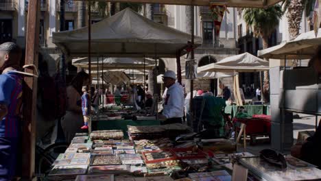 Sonnige-Straßenmarktszene-In-Barcelona-Mit-Verkäufern-Und-Käufern