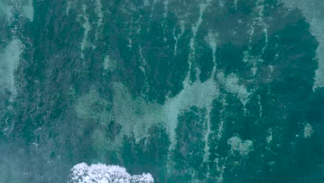 Von-Oben-Nach-Unten-Zeitlupen-Drohnenansicht-Von-Kristallklarem-Wasser-Und-Brechenden-Wellen-über-Einem-Flachen-Korallenriff-In-Uluwatu,-Bali,-Indonesien