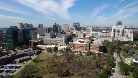 Medical-Center-Area-Buildings-in-Houston,-Texas-USA,-Baylor-College-of-Medicine,-Drone-Aerial-View