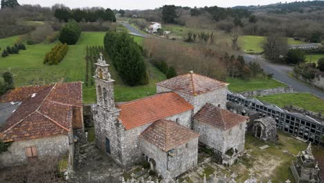 Ancient-Santa-Uxia-Church-aerial-view,-San-Amaro,-Ourense,-Galicia,-Spain