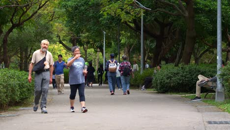 Ältere-Menschen-Und-Familien-Gehen-Durch-Den-Spazierweg-Des-Daan-Waldparks,-Einer-ökologisch-üppigen-Waldumgebung-Im-Geschäftigen-Stadtzentrum-Von-Taipeh,-Taiwan