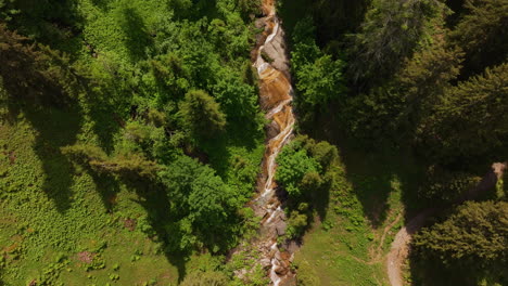 Aerial-of-a-small-mountain-creek-surrounded-by-a-green-forest-and-meadow