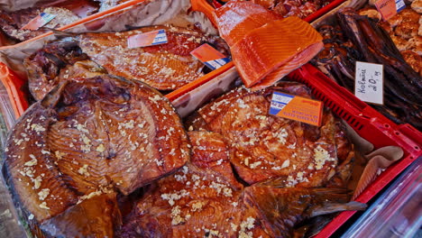 Smoked-salmon-at-an-outdoor-fish-market---isolated-close-up