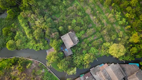 Una-Toma-De-Arriba-Hacia-Abajo-De-Una-Pequeña-Casa-De-Chabolas-Construida-En-La-Niebla-De-Un-Bosque-Verde-Y-Una-Jungla-En-Pak-Kret,-Tailandia