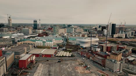 A-wide-drone-shot-pulling-back-from-the-city-centre-skyline-in-Birmingham,-England,-UK