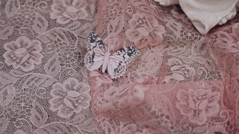 Delicada-Mariposa-Sobre-Tela-De-Encaje-Rosa,-Textura-Elegante-Y-Detallada