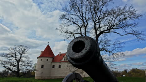 Cannon-at-a-castle-near-Bauska,-Latvia
