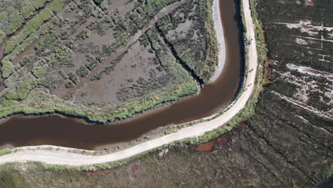 Vista-Aérea-Del-Sendero-Para-Bicicletas-A-Lo-Largo-De-Un-Recodo-Del-Río-En-Estarreja,-Portugal