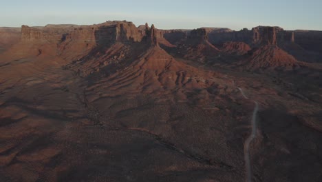 Aerial-scene-of-desert-formations-at-sunrise-in-Valley-of-the-Gods---Utah