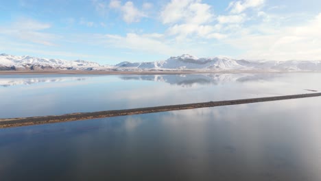 Geological-natural-water-reflection-landscape,-Iceland-Showy-Peaks-Aerial-Drone