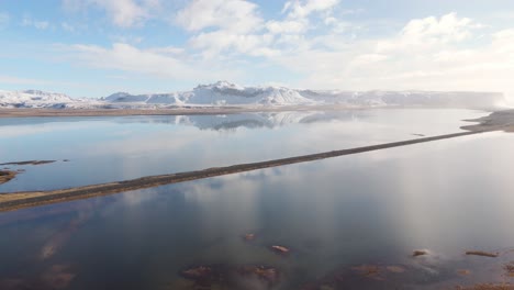 Aerial-Drone-Rise-Volcanic-Soil-reveals-Snowy-Icelandic-mountains-reflected-lake