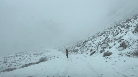 Car-driving-on-a-mountain-road-in-Skardu-City-in-landscape-covered-with-snow---It-is-cloudy