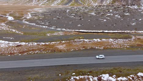 Panoramic-Wide-volcanic-wild-soil-Iceland-landscape-Drone-Tracks-white-car-drive