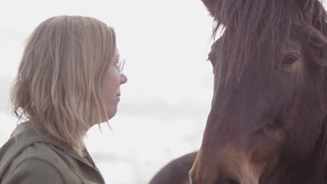 Woman-kisses-muzzle-of-horse-during-equine-assisted-therapy-workshop,-closeup